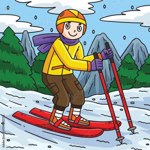 Skiing Boy Dragging Forward Ski Poles Colored 