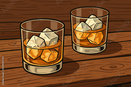 Two glasses of whiskey on the rocks. Classic bourbon or scotch alcohol drink with ice cubes on a rustic wooden table background. Vector cartoon illustration for a bar menu or poster.