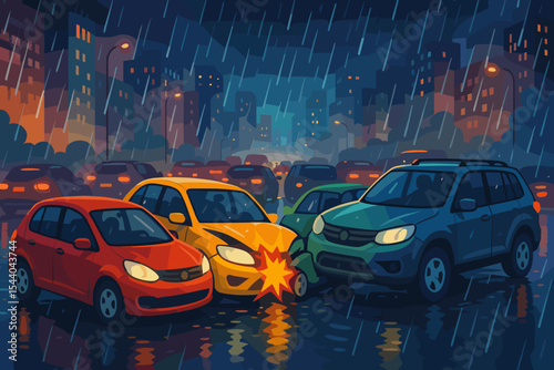 Urban traffic accident scene with multiple cars crashed in rainy city street, night gridlock, wet road reflections, heavy rain, city lights, emergency, collision, vector cartoon illustration