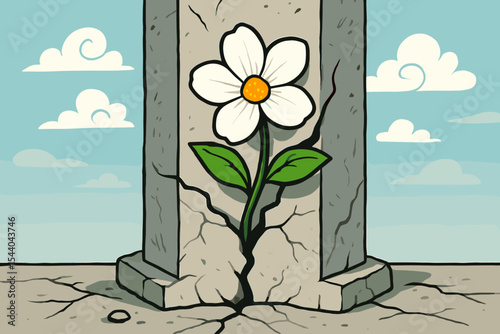 Flower growing from a crack in a concrete pillar. Vector cartoon illustration symbolizing resilience, hope, strength, and persistence. Metaphor for new life, growth, and nature's power.