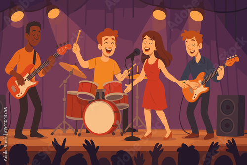 Animated band performance on stage. Vector illustration of musicians playing guitar, bass, drums, and singing with spotlight, concert scene, live music, entertainment, audience cheering, group show