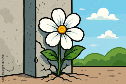 Flower growing through cracked concrete wall. Concept of resilience, hope, and new life. Metaphor for strength, perseverance, and overcoming adversity. Nature's power concept.