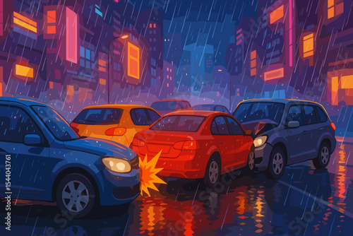 Urban Traffic Jam at Night with Multiple Car Collision in Heavy Rain, Colorful Neon City Lights, Dangerous Road Accident, Wet Asphalt, Emergency Situation, Vector Cartoon Illustration