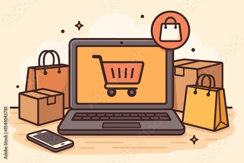 Online shopping e-commerce concept with shopping cart icon on laptop screen, delivery boxes, shopping bags, smartphone. Modern digital retail, purchase, internet store vector illustration