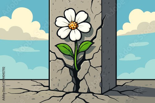 Resilience and hope concept. White flower blooming from a crack in a concrete wall. Nature's power and strength metaphor. New life, growth, and overcoming adversity vector cartoon.