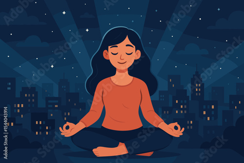 Woman meditating in lotus pose over a night city skyline. Mindfulness, calm, and inner peace concept. Mental health and stress relief in a busy urban environment. Serene yoga practice.
