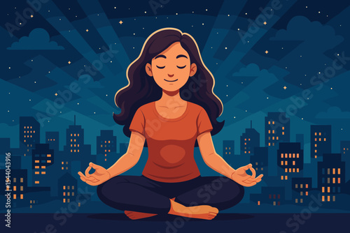 Calm woman practicing yoga meditation in lotus pose on a rooftop overlooking the city at night. Mindfulness concept for mental health, inner peace, balance, and stress relief vector.