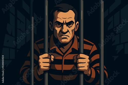Prisoner holding iron bars in dark jail cell, striped uniform, incarceration concept, hands gripping bars, criminal justice, detention center, confinement, punishment, vector illustration