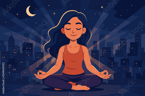 Woman meditating in lotus pose on a rooftop at night against city skyline. Concept of mindfulness, relaxation, inner peace, mental health, harmony and balance. Vector illustration.