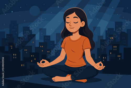 Woman meditating in lotus pose on a rooftop at night. Urban cityscape background with moonlight. Concept of mindfulness, zen, calm, relaxation, and mental health. Vector cartoon.