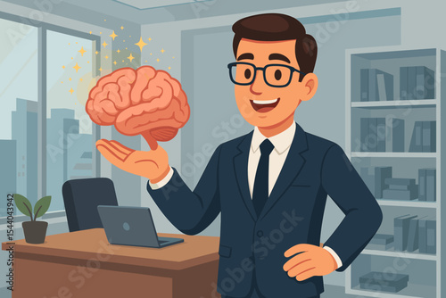 Businessman in office holding glowing brain, creativity innovation leadership concept, intelligence, mental power, success, cartoon vector, modern workspace, executive strategy illustration