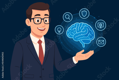 Businessman Presenting Digital Brain Hologram with Technology Icons, Artificial Intelligence, Innovation, Cybersecurity, Communication, Data Analysis, Professional Concept, Vector Illustration