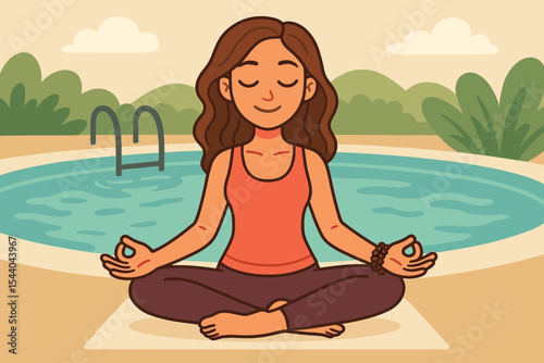 Woman meditating in lotus position by the pool. Concept for yoga, mindfulness, tranquility, relaxation, and mental health. Healthy lifestyle and wellness vector cartoon illustration.