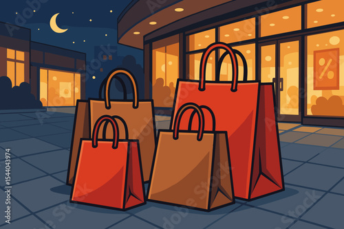 Night Shopping Scene with Red and Brown Paper Bags Outside Mall Entrance, Retail Sale Discount Promotion, Urban Shopping Center, Evening Vector Illustration, No Text, Commercial Concept photo