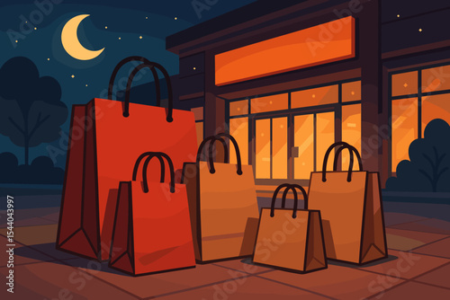 Nighttime Shopping Concept. Red and Brown Paper Bags in Front of Mall Storefront, Moonlit Sky, Promotion, Sale, Retail Therapy, Stylish Evening Shopping Vector Illustration
