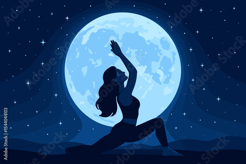 Woman silhouette in yoga crescent lunge pose against a big blue full moon. Meditating in the starry night sky. Concept for spirituality, mindfulness, wellness, and harmony. Vector.