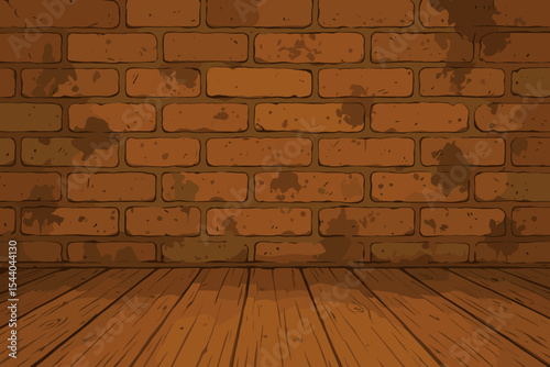 Vintage rustic brick wall and wooden floor background, dirty grunge texture, cartoon vector illustration, stained brickwork, weathered planks, old retro empty interior backdrop design