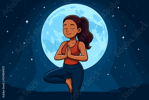 Woman practicing yoga tree pose, Vrksasana, under a blue full moon on a starry night. Cartoon vector illustration of a girl meditating for spiritual wellness, balance, and peace.
