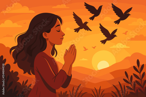Woman praying and releasing birds into nature at sunset. Concept of hope, freedom, and faith. Spiritual person meditating, letting go. Vector illustration for peace and new beginnings.