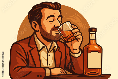 Whiskey Bourbon Tasting Experience. Sophisticated Man in Suit Holding Glass, Bottle on Table. Vector Cartoon Illustration. Connoisseur, Elegant Bar Scene, Rich Flavor, Alcoholic Drink Enjoyment