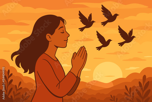 Spiritual woman praying and releasing a flock of doves into the sunset sky. Concept of freedom, hope, faith, and letting go. Mental wellness and peace of mind vector illustration.