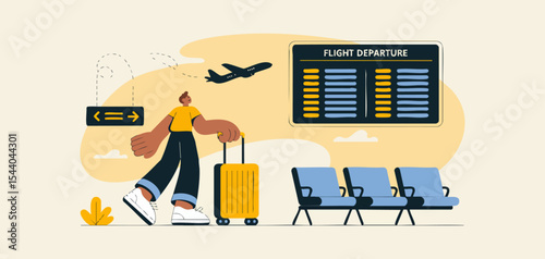 traveler with luggage at airport departure gate, vector illustration for airport experience, catching a flight and air travel journey preparation
