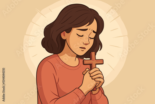 Woman praying holding a christian cross. Concept of faith, hope, and religion. Sad person seeking comfort and blessing from God. Spirituality, devotion, worship and belief.