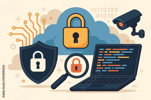 Cybersecurity Data Protection in Cloud Computing Concept. Secure Network Access, Encryption, Surveillance, Privacy, Shield Lock, Laptop, Digital Security Technology Vector Illustration