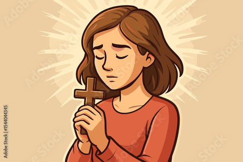 Woman praying holding a wooden Christian cross. Concept of faith, Christianity, religion, and hope. Humble girl seeking forgiveness, blessing. Cartoon vector spiritual illustration.