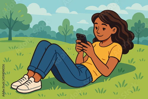 Woman relaxing on grass in the park using a smartphone for social media. Young girl sitting on the lawn texting and chatting online. Outdoor leisure and summer lifestyle concept. Cartoon vector.