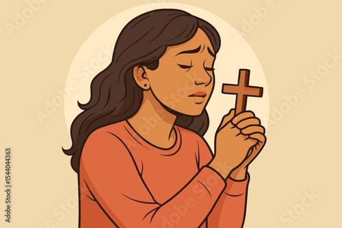 Christian woman praying with a wooden cross in her hands. Concept of faith, belief, hope, and religion. Devout person seeking blessing and spirituality. Vector cartoon illustration.