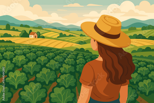 Woman in Sun Hat Overlooking Lush Kale Field, Idyllic Rural Countryside Landscape, Farming Lifestyle, Agriculture, Mountains, Summer Day, Green Crops, Sustainable Living, Vector Illustration