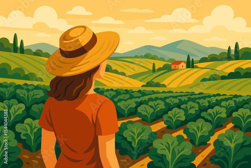Woman Farmer in Straw Hat Overlooking Lush Kale Field, Scenic Countryside Hills, Sustainable Agriculture, Rural Landscape, Organic Farming, Summer Day, Nature Illustration, Vector Art