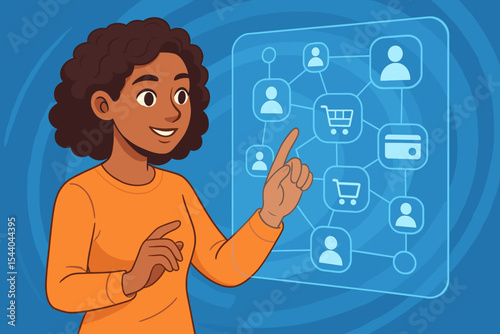 Black woman interacts with futuristic virtual interface. Social network, online shopping, digital payment system. Concept of metaverse, e-commerce, fintech, data visualization.