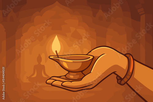 Woman hand holding a traditional diya oil lamp for prayer. Spiritual concept for meditation, yoga, and the Diwali festival of lights. Indian temple background with a meditating silhouette.