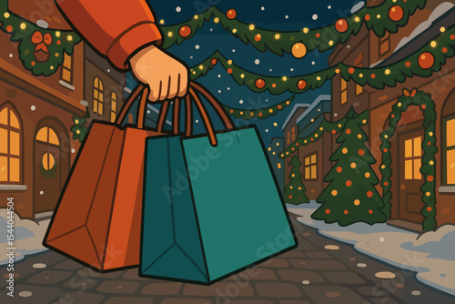 Christmas holiday shopping concept. Hand holding shopping bags on decorated festive winter street scene. Christmas lights, ornaments, wreaths, snow, holiday season illustration, night city vector