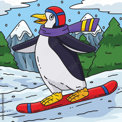 Snowboarding Penguin Colored Cartoon Illustration 
