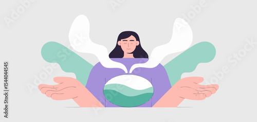 woman inhaling relaxing steam from aroma diffuser bowl, vector illustration for aromatherapy, relaxing scents and holistic wellness self-care practices