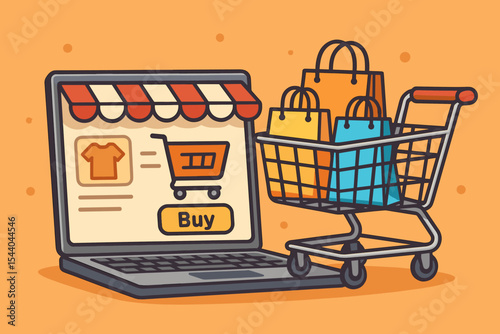 Online shopping cart and laptop with storefront, e-commerce retail concept, digital marketplace, purchase bags, internet shop, buy button, modern technology, vector cartoon illustration