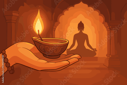 Hand holding oil lamp diya with Buddha meditation silhouette in background. Spiritual yoga concept for Diwali festival. Inner peace and mindfulness vector cartoon illustration.