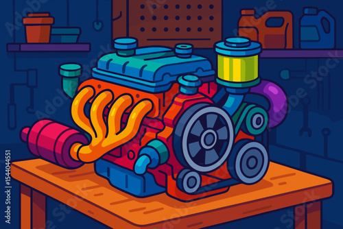 Colorful cartoon car engine on a workbench in a garage. Automotive motor repair and maintenance concept. Vector illustration of a mechanical workshop with tools and oil supplies.