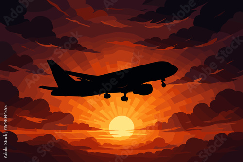Silhouette commercial airplane flying at sunrise. Passenger jet in dramatic orange sky with clouds and sun rays. Travel aviation scene. Vector illustration for journey, holiday, air transport concept