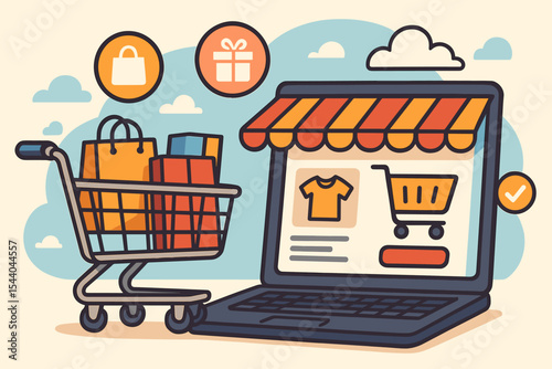 E-commerce shopping cart and laptop screen with storefront awning, gift icons, online retail purchase and order process, colorful vector illustration, digital marketplace transaction concept