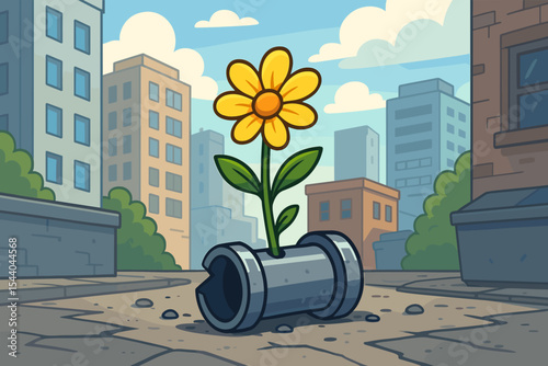 Vibrant yellow flower thriving in a broken metal pipe, symbolizing resilience, hope, and growth amidst an urban city landscape. Cartoon vector illustration.