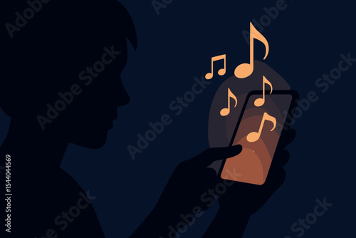 Silhouette hand interacting with glowing smartphone, music notes floating in dark night background. Listening to music online, mobile audio streaming, digital entertainment vector illustration.