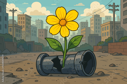 Hope and resilience metaphor. Yellow flower growing from a broken pipe in a desolate urban city. Concept of survival, new life, and strength. Post-apocalyptic nature vector cartoon.