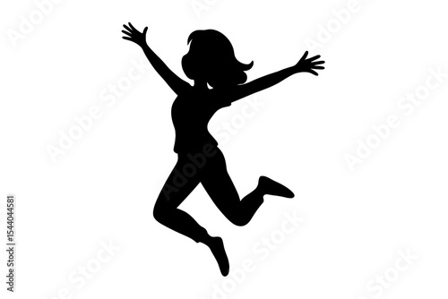 Joyful woman silhouette jumping in air with arms raised. Female person celebrating freedom, happiness, success, positive emotion, energy, achievement. Vector illustration isolated on white
