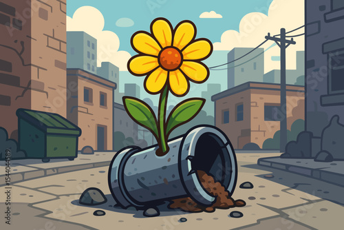 Concept of resilience and hope. Yellow flower blooms from a broken pipe in a desolate urban alley. Metaphor for survival, new life, growth, and optimism against pollution.