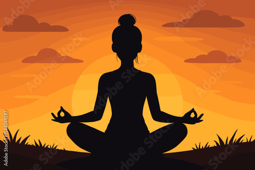 Peaceful Yoga Meditation Silhouette of Woman in Lotus Pose at Sunset, Mindfulness Practice Outdoors, Calm Relaxation, Tranquil Nature Scene, Wellness, Serene Sunset Background, Vector Illustration