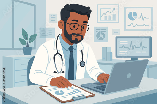 Professional doctor analyzing medical charts and data on laptop in hospital office. Modern healthcare workspace. Stethoscope, digital report, statistics, clinic setting. Vector illustration